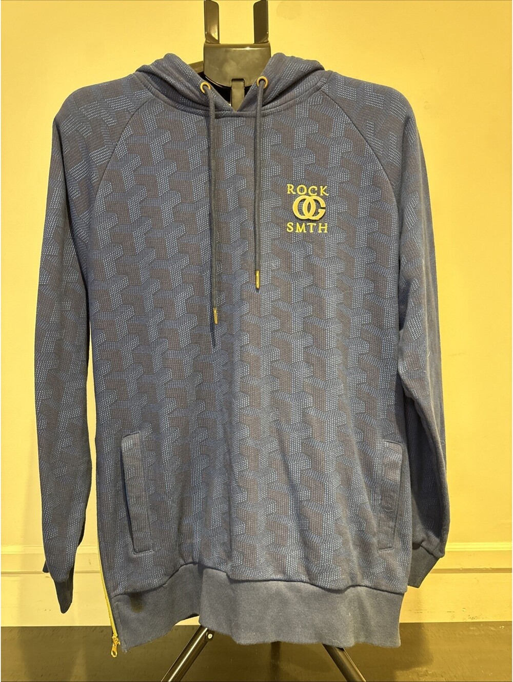 VTG Rocksmith NYC Monogram Side-Zip Hoodie Blue Gold Luxury Logo Men L Rare Y2K